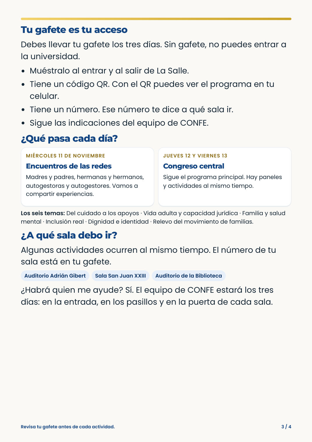 Gafete, los tres días del congreso y las salas