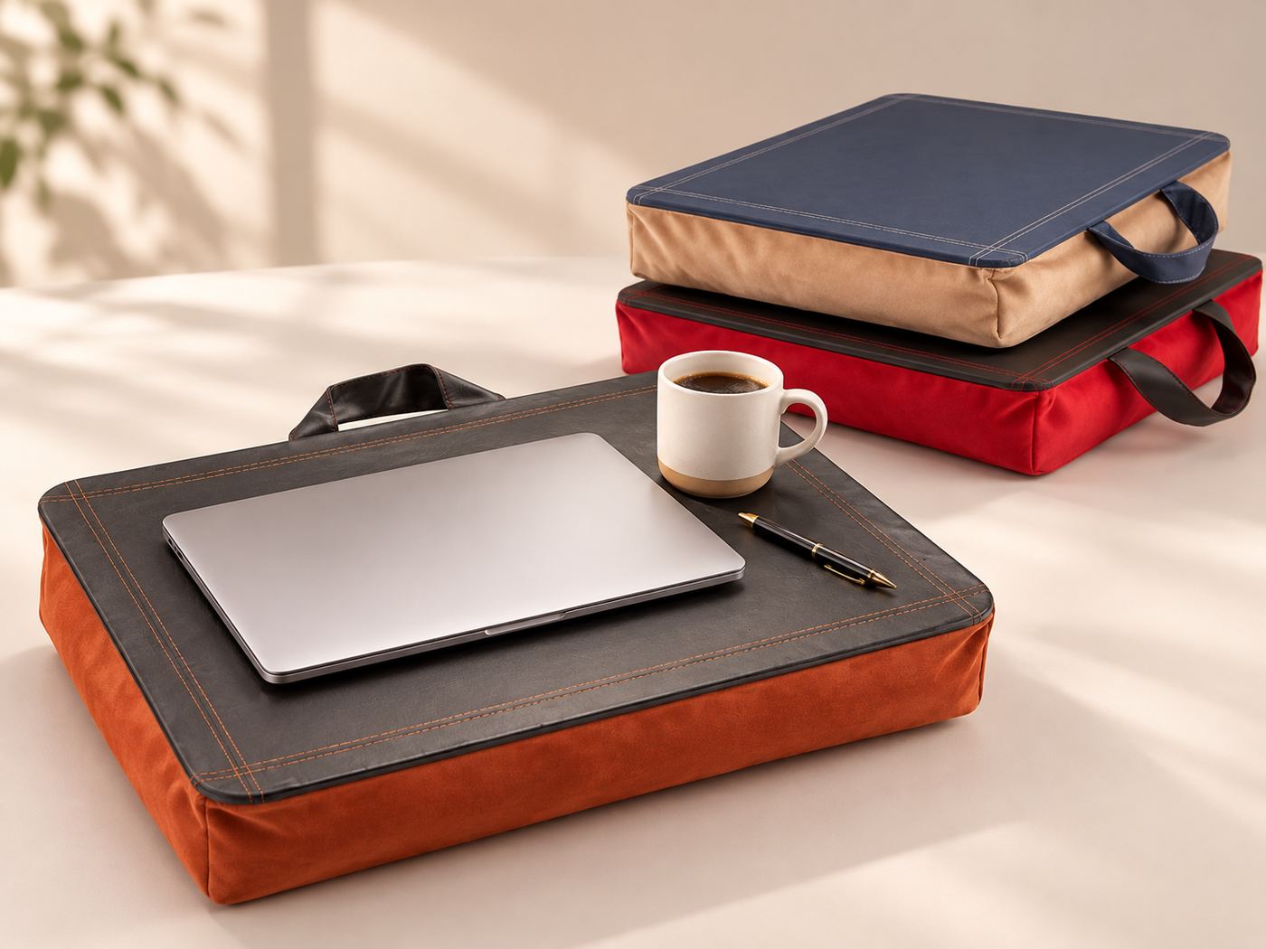 Mesa portátil con café y laptop