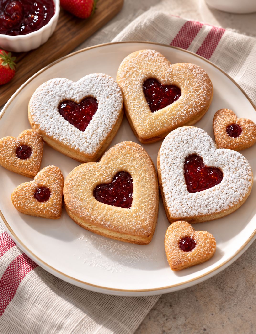 Galletas corazón con mermelada y azúcar