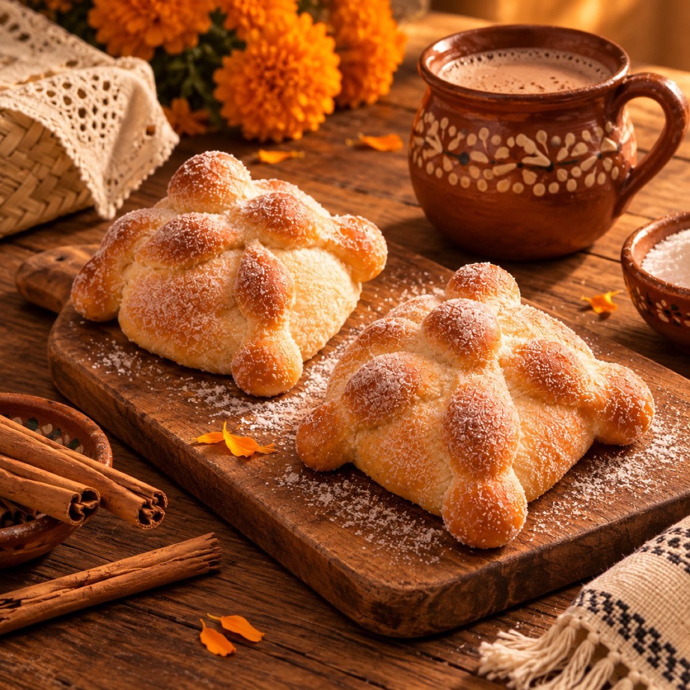 Pan de muerto tradicional CONFE con azúcar, cempasúchil y chocolate